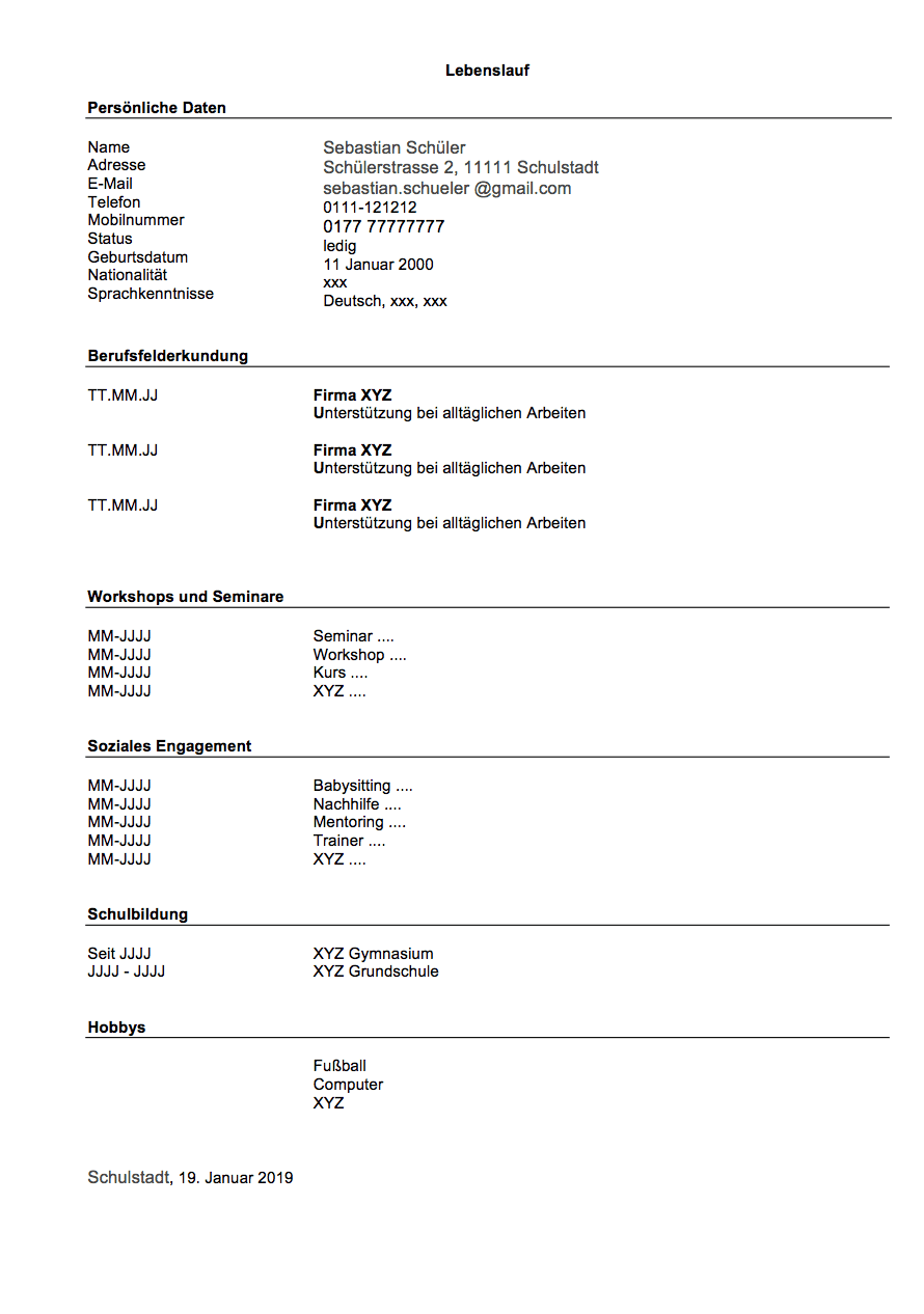 Beispiel Lebenslauf Fur Schuler Z B Fur Ein Praktikum